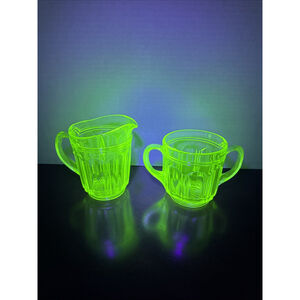 VTG Uranium Glass Creamer/Small Pitcher & Sugar Anchor Hocking Colonial